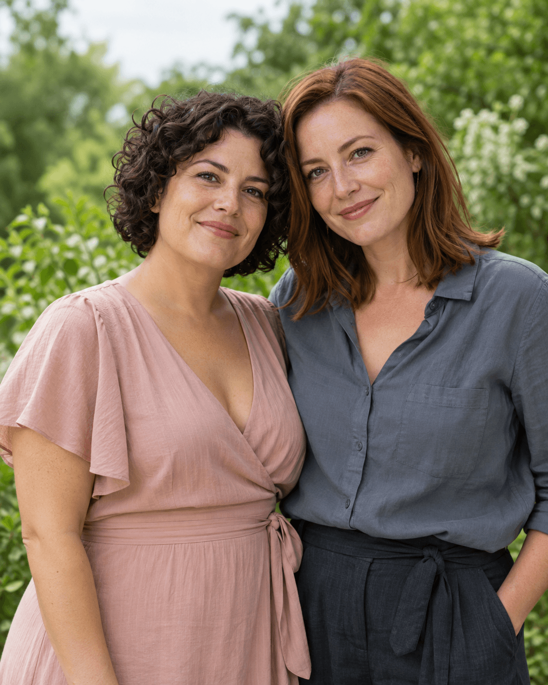 AI-generated concept: two fictional adults shoulder to shoulder against soft fresh green foliage, light overcast illumination, blush and slate clothing, waist-up portrait.