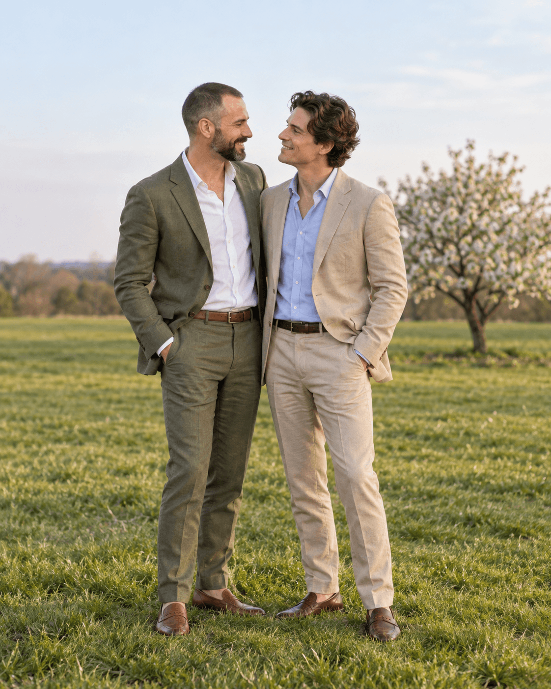 AI-generated concept: two fictional adults standing on an open lawn with one small flowering tree well behind them, pale sky, full-length spring tailoring, no picnic props.