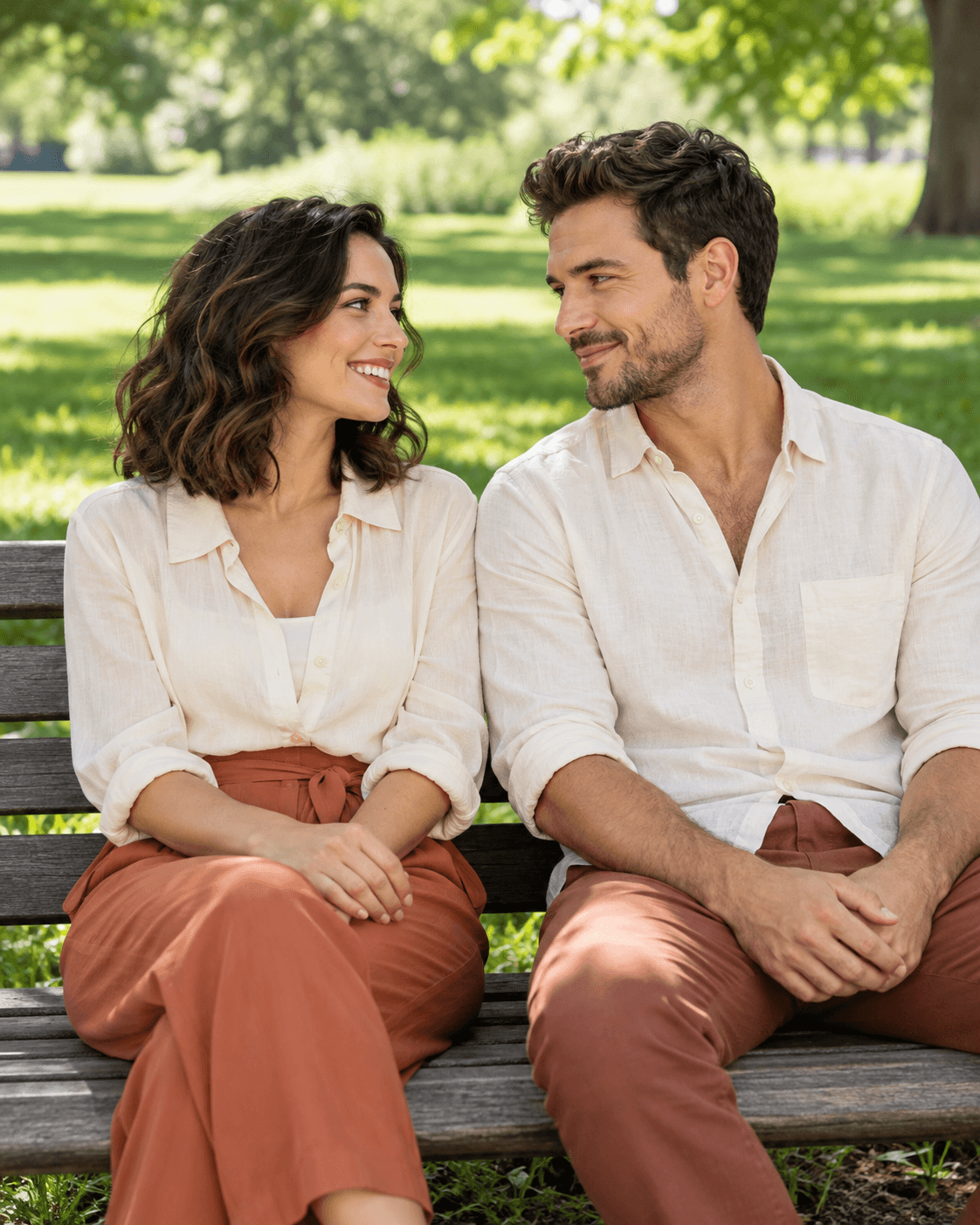 AI-generated concept: two fictional adults seated comfortably on a broad park bench in open shade, bright green lawn behind, cream cotton and terracotta separates, hands on laps, even face illumination.