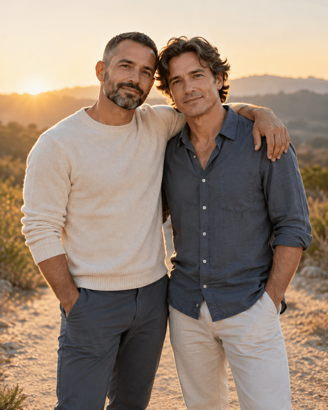 AI-generated concept: two fictional adults standing together on an open path, low warm light behind and to one side, restrained glow on hair, readable faces, cream and slate clothing.
