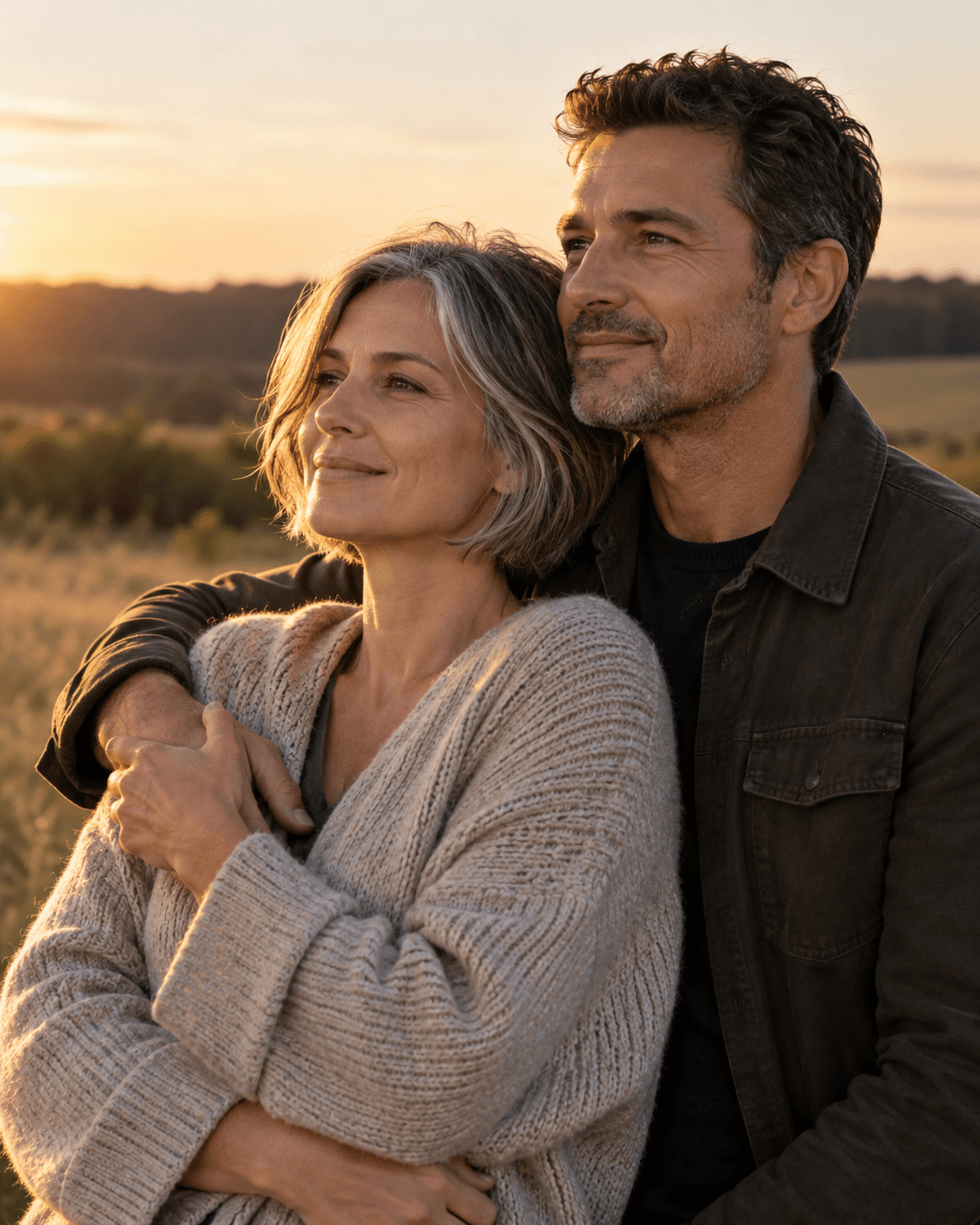AI-generated concept: two fictional adults angled gently toward low warm side light in a generic field-edge setting, three-quarter portrait, subtle shadows, no artificial lens flare.