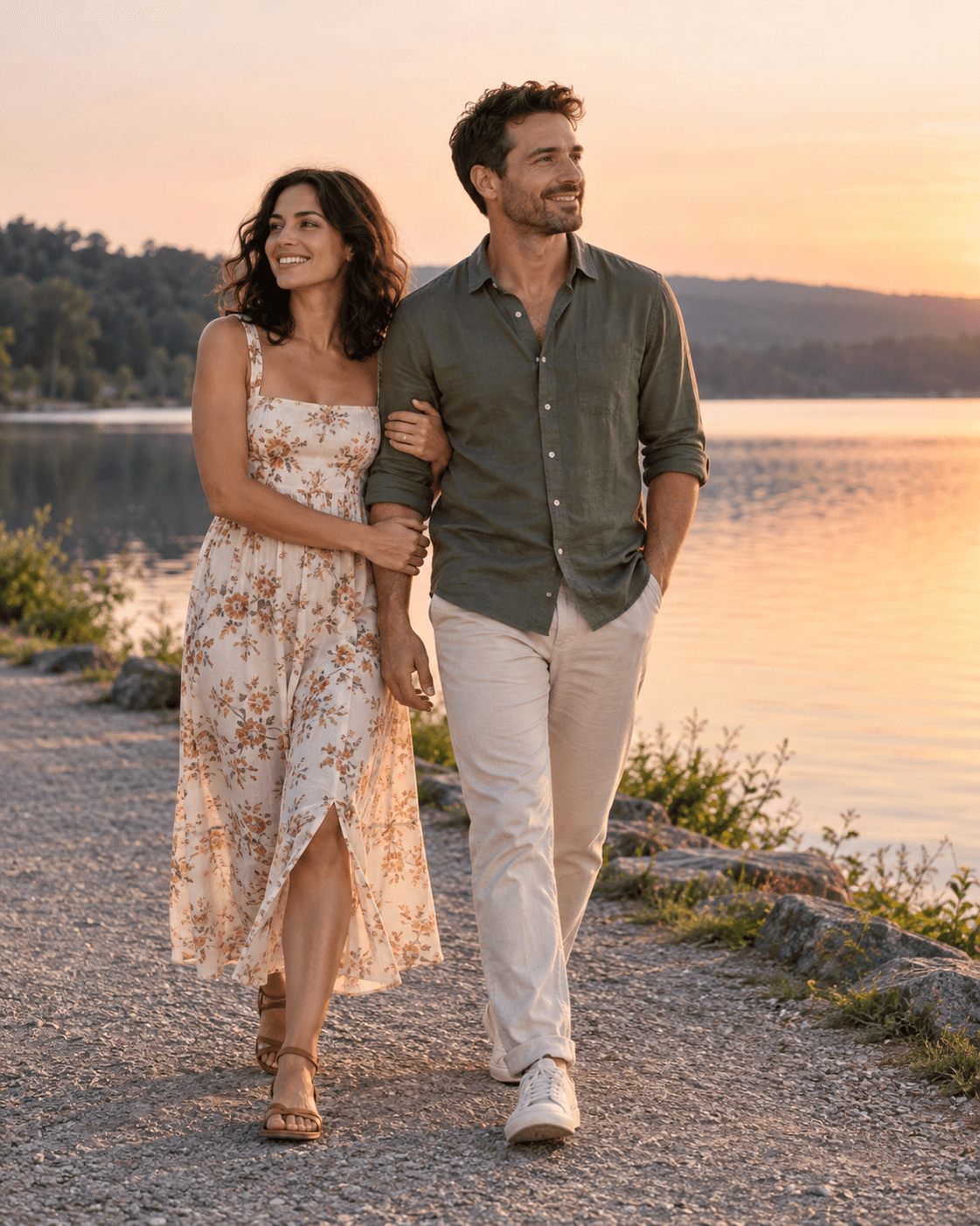 AI-generated concept: two fictional adults on a broad level lakeside path, low warm sun outside frame, soft peach sky, full-length side-by-side pose, both faces visible.