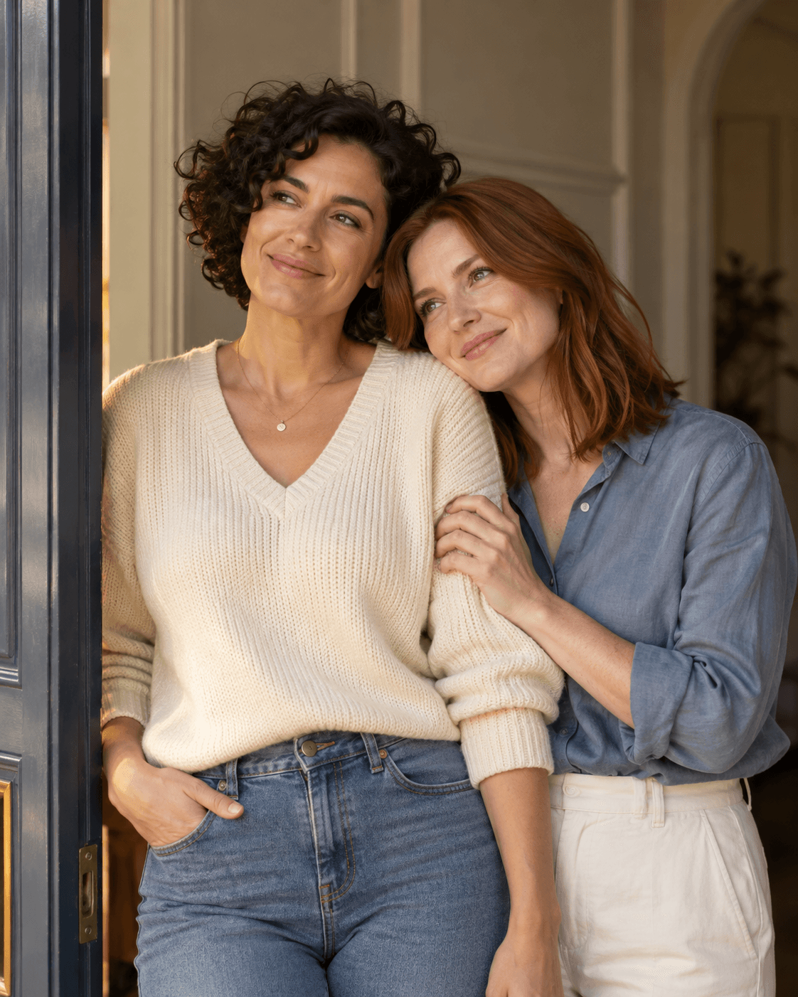 AI-generated concept: two fictional adults just inside a broad fictional doorway, warm low side light from outside, pale interior wall, cream and muted blue clothes, waist-up, both faces clear, no flare.