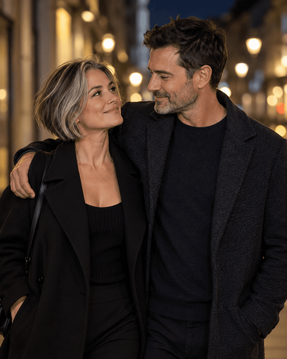 AI-generated concept: two fictional adults waist-up against a generic city street at night, small soft background lights, even soft foreground illumination, no readable signs or cars in motion.