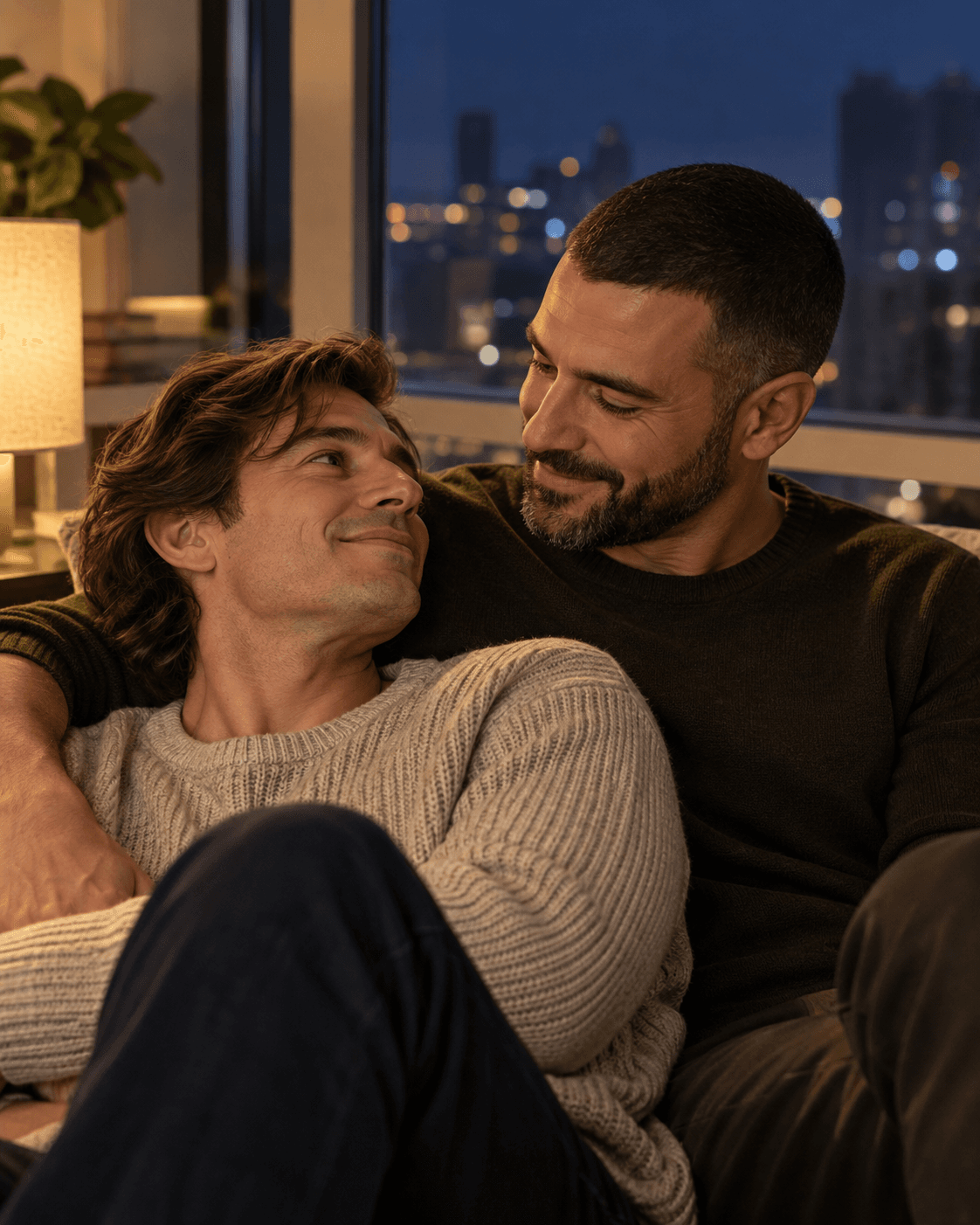 AI-generated concept: two fictional adults seated near a broad fictional apartment window at night, soft warm interior lamp light on both faces, dark blue exterior, close three-quarter crop, minimal reflection.