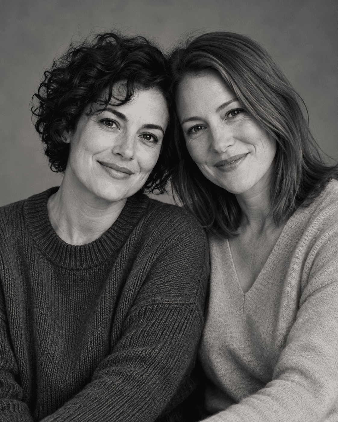 AI-generated concept: monochrome portrait of two fictional adults shoulder to shoulder, soft gray studio backdrop, textured midtone clothing, gentle contrast, both faces fully visible.