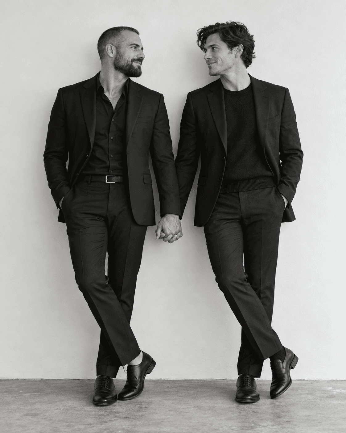 AI-generated concept: black-and-white full-length portrait of two fictional adults in dark tailored separates against a pale plain wall, relaxed handhold, readable garment edges.