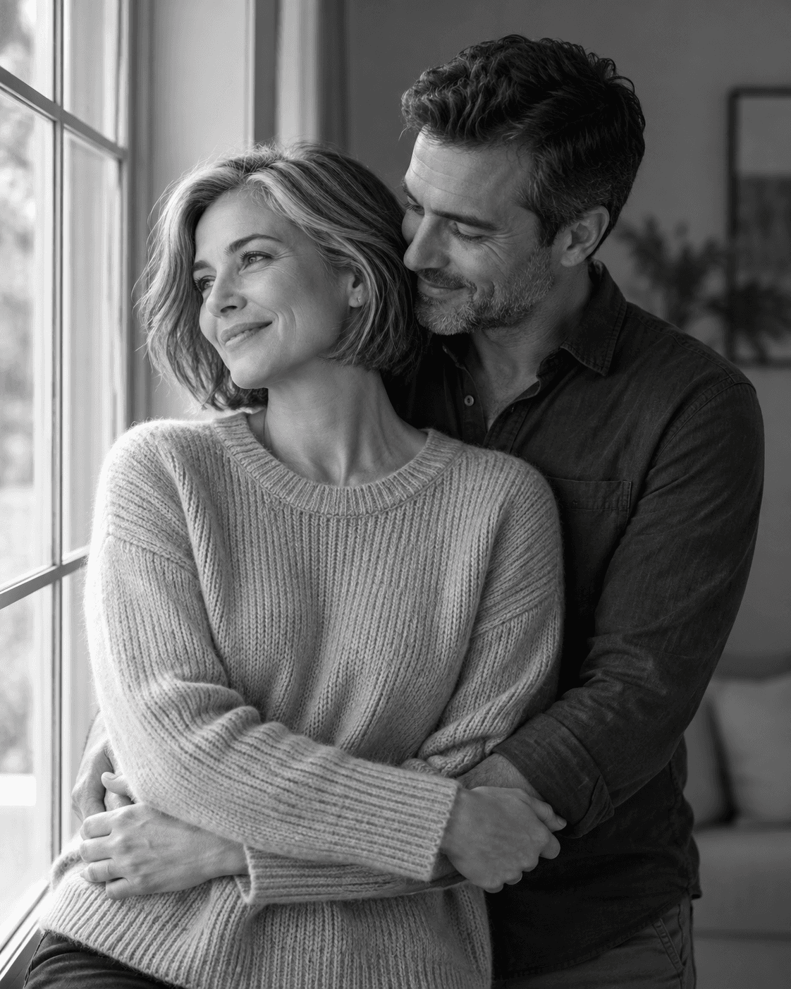 AI-generated concept: black-and-white waist-up portrait of two fictional adults near a broad window in a fictional room, soft side light, distinct knit and woven fabrics, restrained contrast.