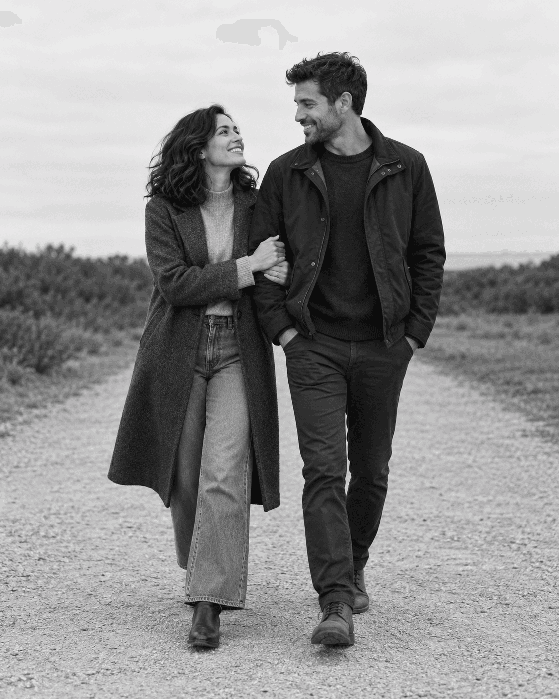 AI-generated concept: black-and-white portrait of two fictional adults on a broad open level path, pale overcast sky and low dark foliage, full-length, readable midtone clothing and clear face detail.