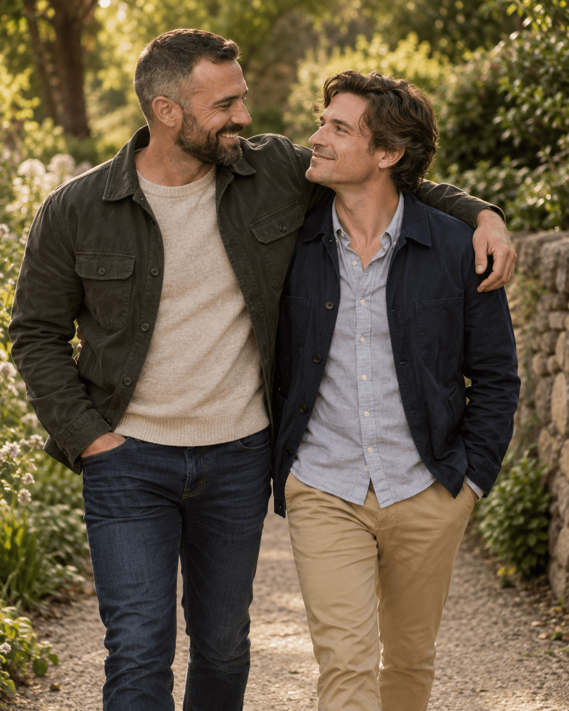 AI-generated concept: two fictional adults on a simple garden path, restrained warm muted color, gentle fine grain, soft contrast, clear faces, no border or date stamp.