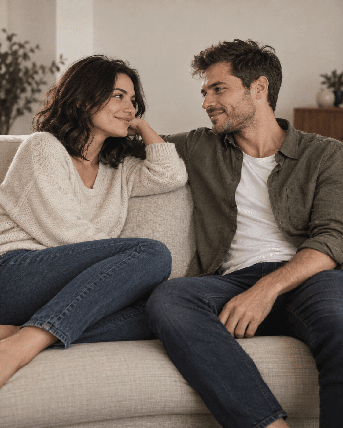 AI-generated concept: two fictional adults seated together on a plain sofa in a fictional room, relaxed shared glance, soft direct-looking light, subtle grain and muted color, no damage effects.