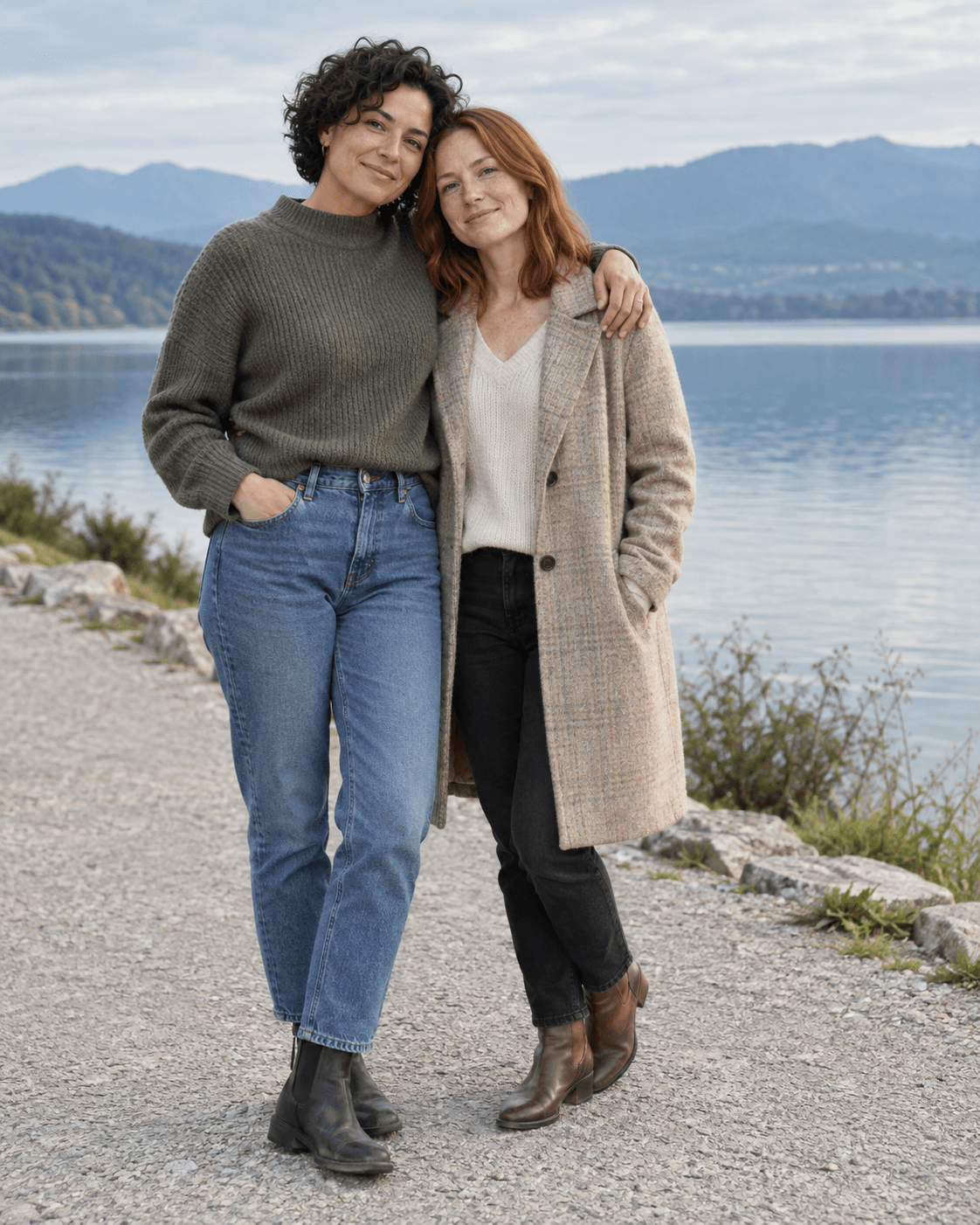 AI-generated concept: two fictional adults standing on a broad level lakeside path, quiet horizon, muted faded blue-green palette, fine subtle grain, clear faces and garment edges, no timestamp or border.
