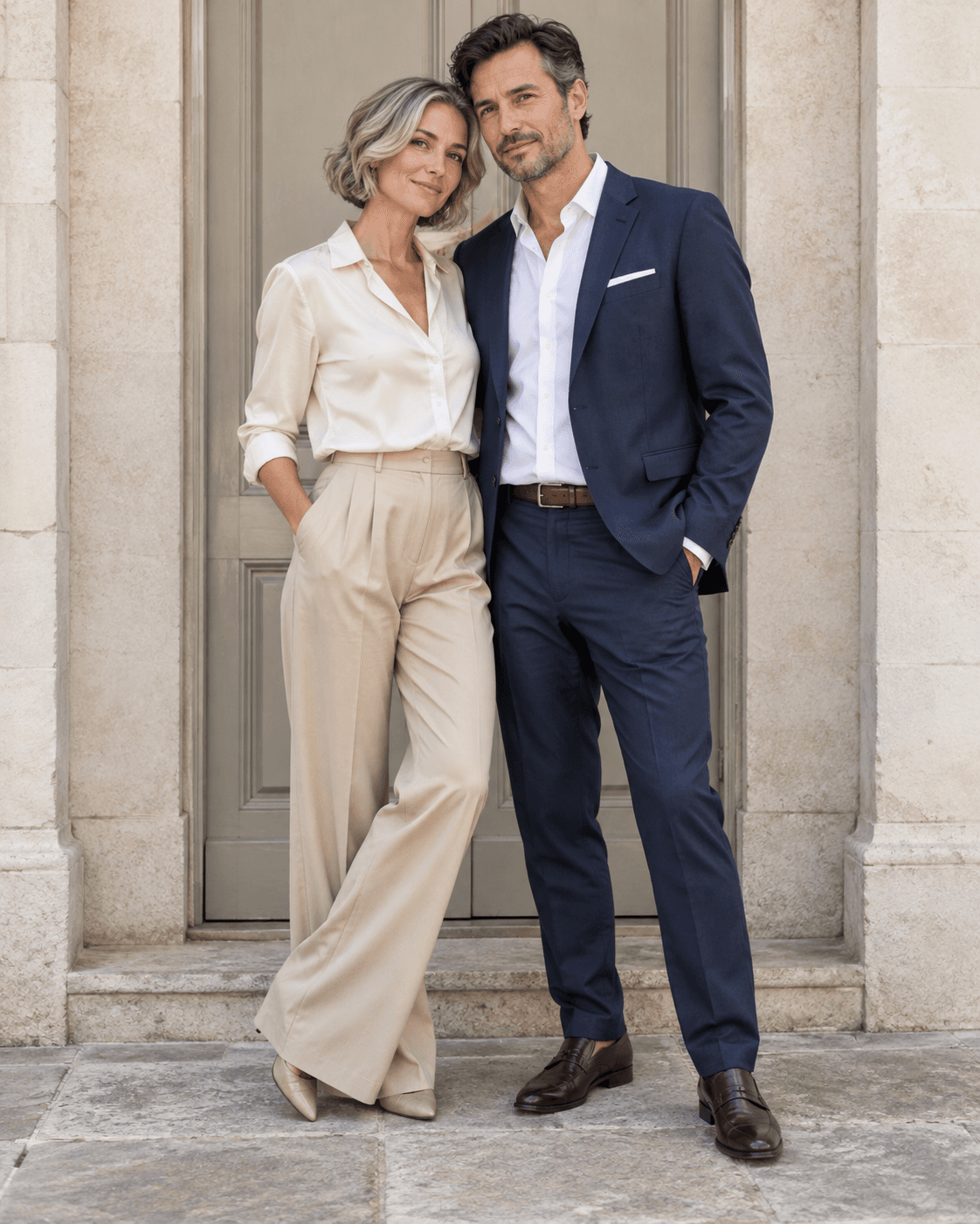 AI-generated concept: two fictional adults in refined tailored clothing beside a plain pale stone doorway, deliberate asymmetrical stance, both faces visible, full-length, no branding.