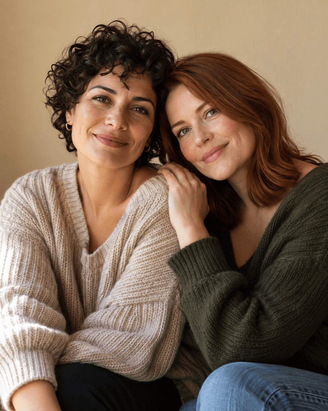 AI-generated concept: two fictional adults in a close three-quarter portrait against a warm plain wall, visible garment texture, controlled soft side light, clear individual expressions.