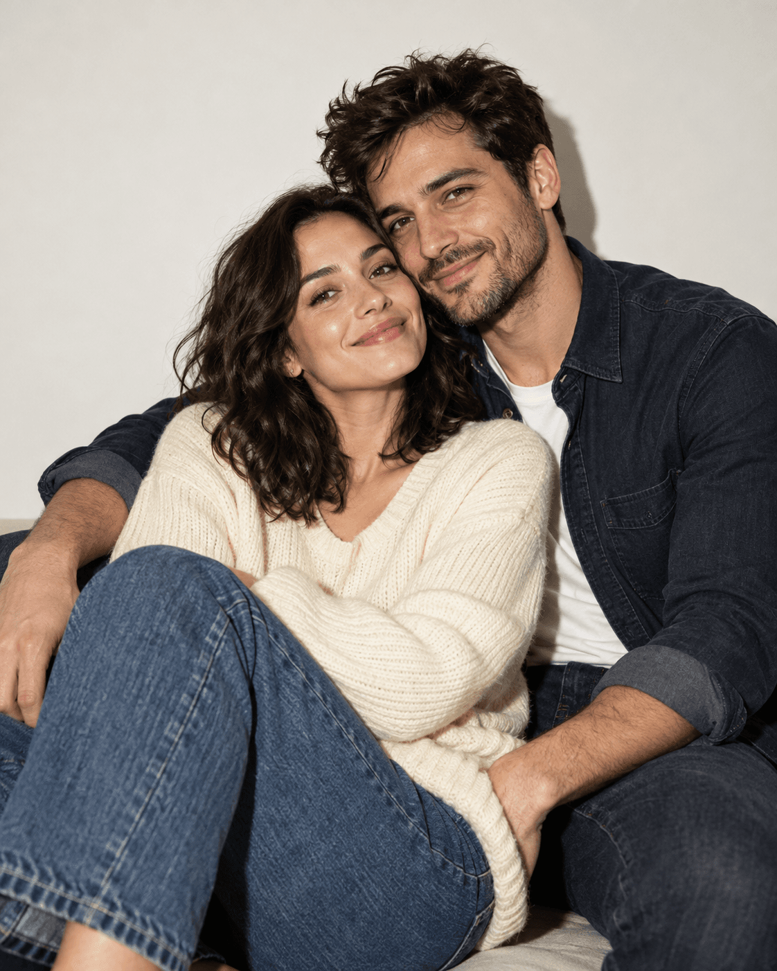 AI-generated concept: two fictional adults against a pale plain wall, direct-flash-inspired frontal light with one coherent shadow behind, relaxed pose, cream and dark denim clothes.