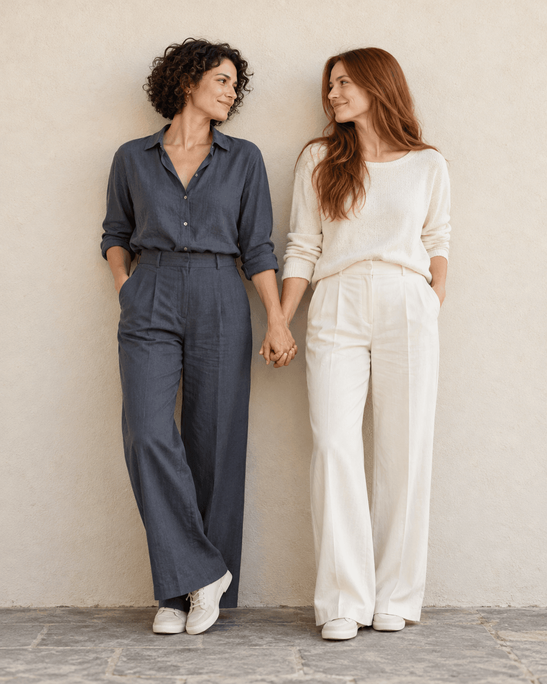 AI-generated concept: two fictional adults standing against a pale warm wall, simple slate and ivory separates, loose handhold, soft even light, clean full-length composition.