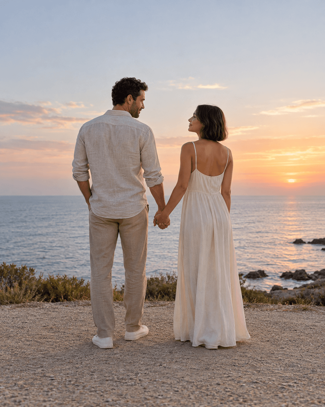 AI-generated concept of two fictional adults shown from behind with side profiles on a broad coastal path, wearing neutral clothes against a calm sea.