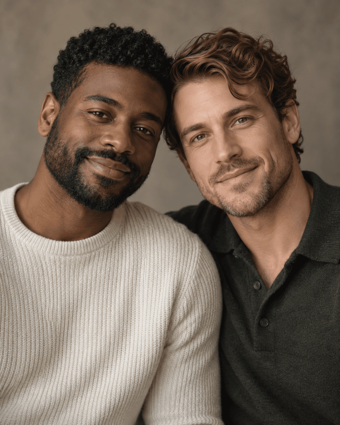 AI-generated concept: two fictional adults shoulder to shoulder against a softly blurred warm-gray background, clear eyes, simple textured collars, close portrait.