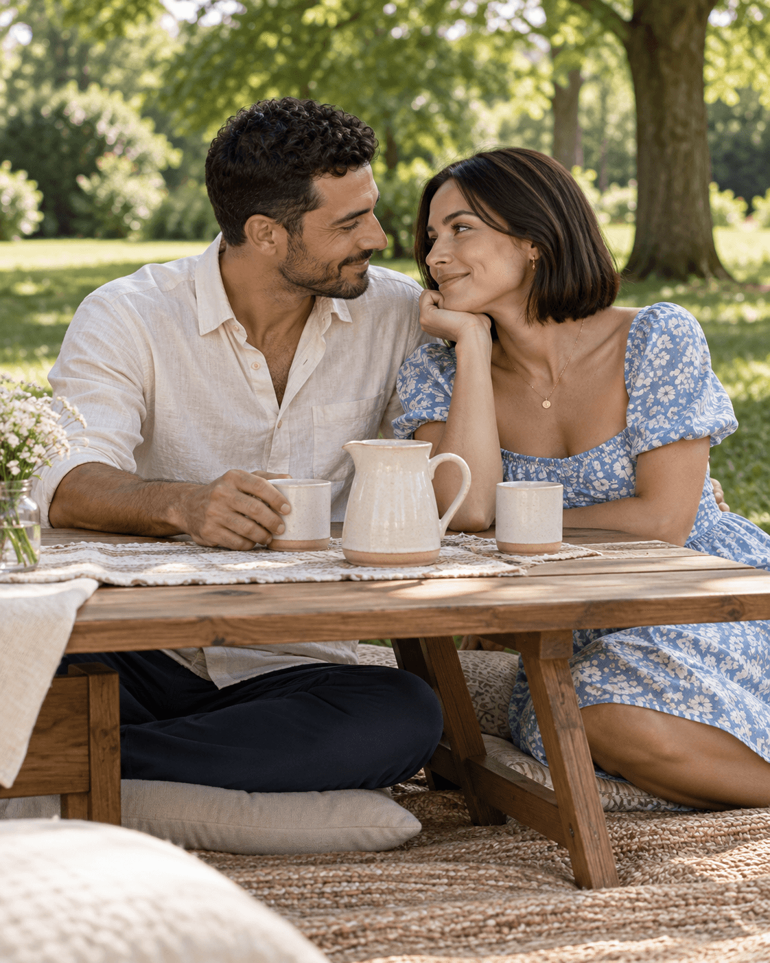 AI-generated concept of two fictional adults seated at a low wooden picnic table in a leafy park, a plain pitcher, two cups and a small flower vase on a woven runner, soft shade.
