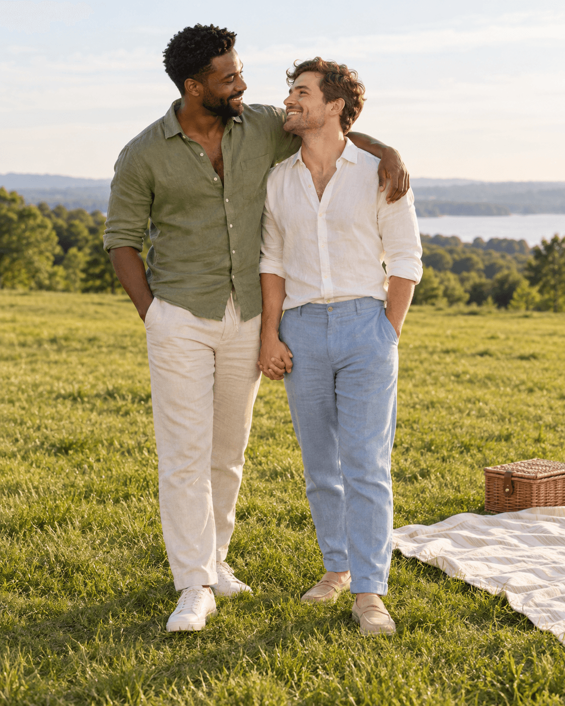 AI-generated concept of two fictional adults standing on a broad lawn beside a light striped blanket and a small closed basket, wearing light summer separates with all shoes visible.