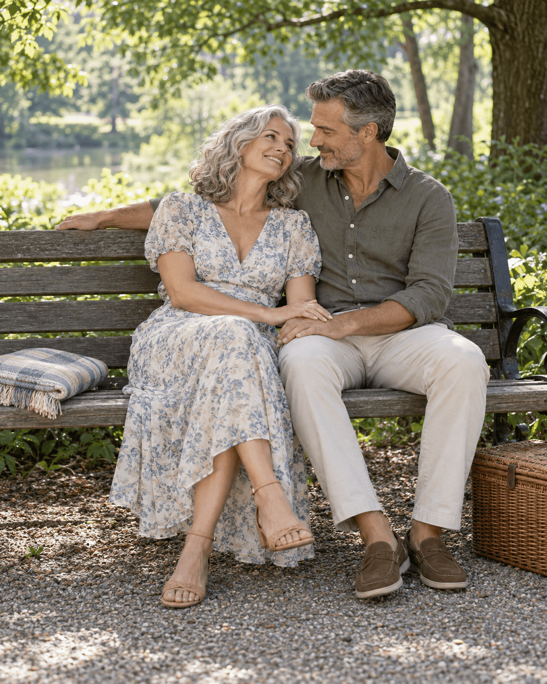AI-generated concept of two fictional adults seated on a broad park bench in soft shade, with a folded striped blanket beside them and a closed basket on the ground, hands and feet visible.