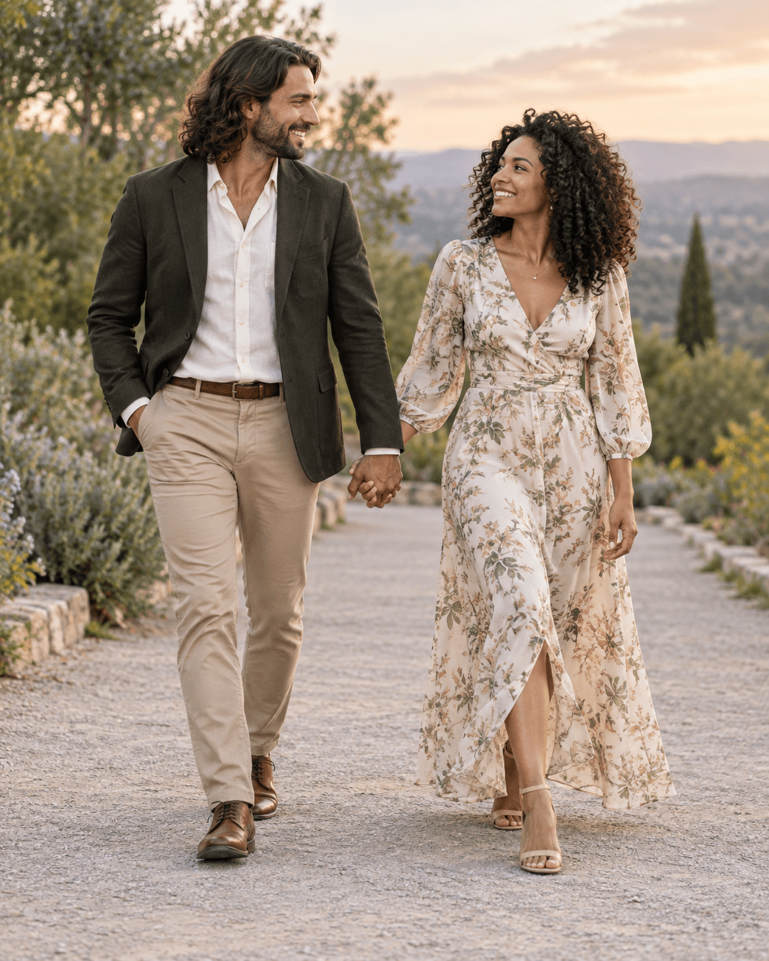AI-generated concept: two fictional adults walking side by side on a broad level path, loose handhold, small natural stride, both faces visible, full-length with clear shoes.