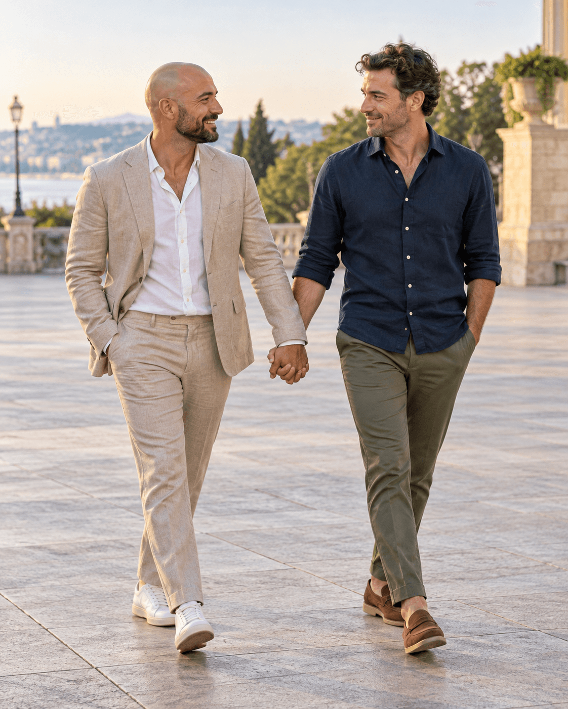 AI-generated concept of two fictional adults walking toward the camera across a broad level plaza, holding hands with complete shoes and clear turned faces.