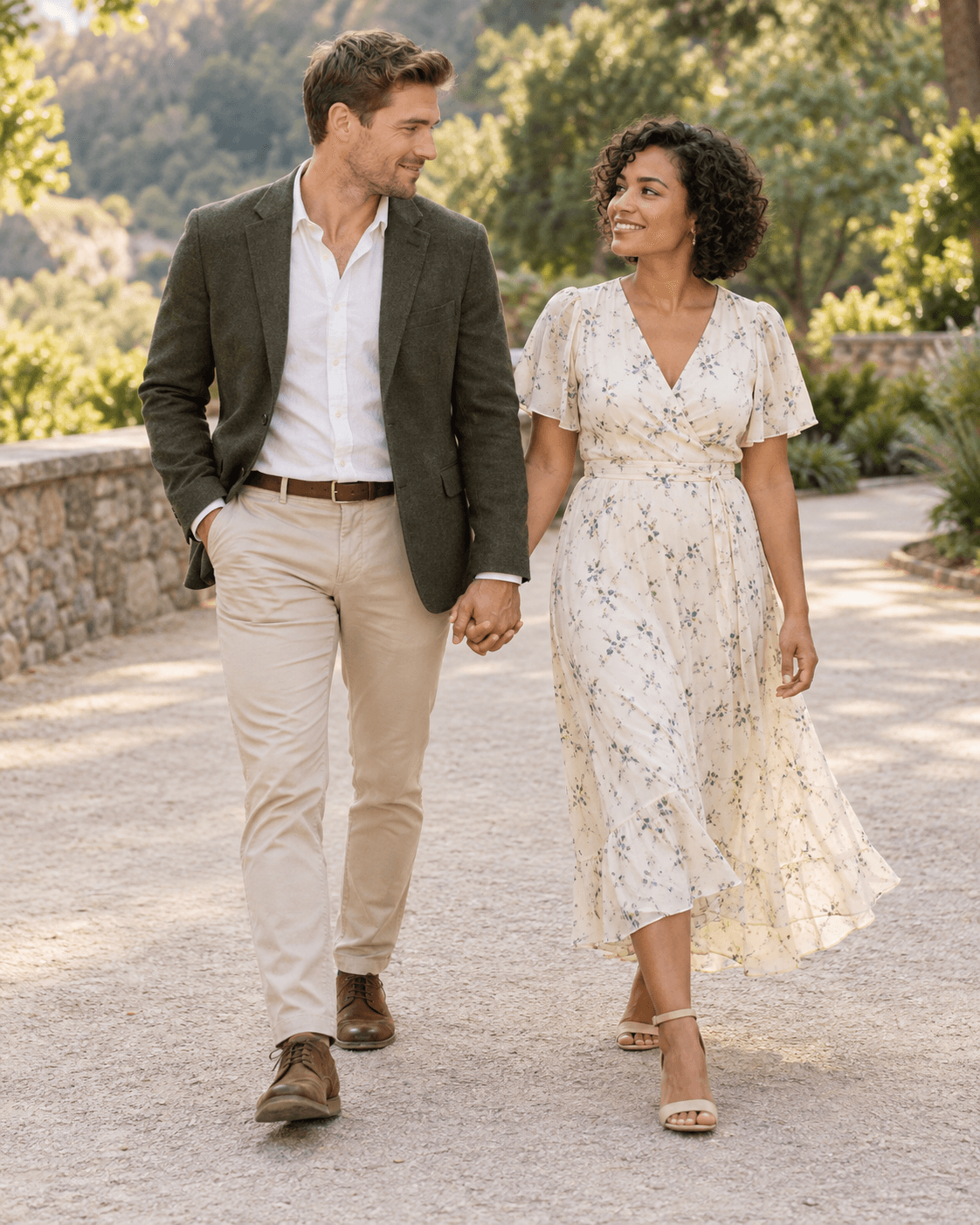 AI-generated concept of two fictional adults walking hand in hand toward the camera on a broad level path, with faces turned toward each other and all shoes visible.