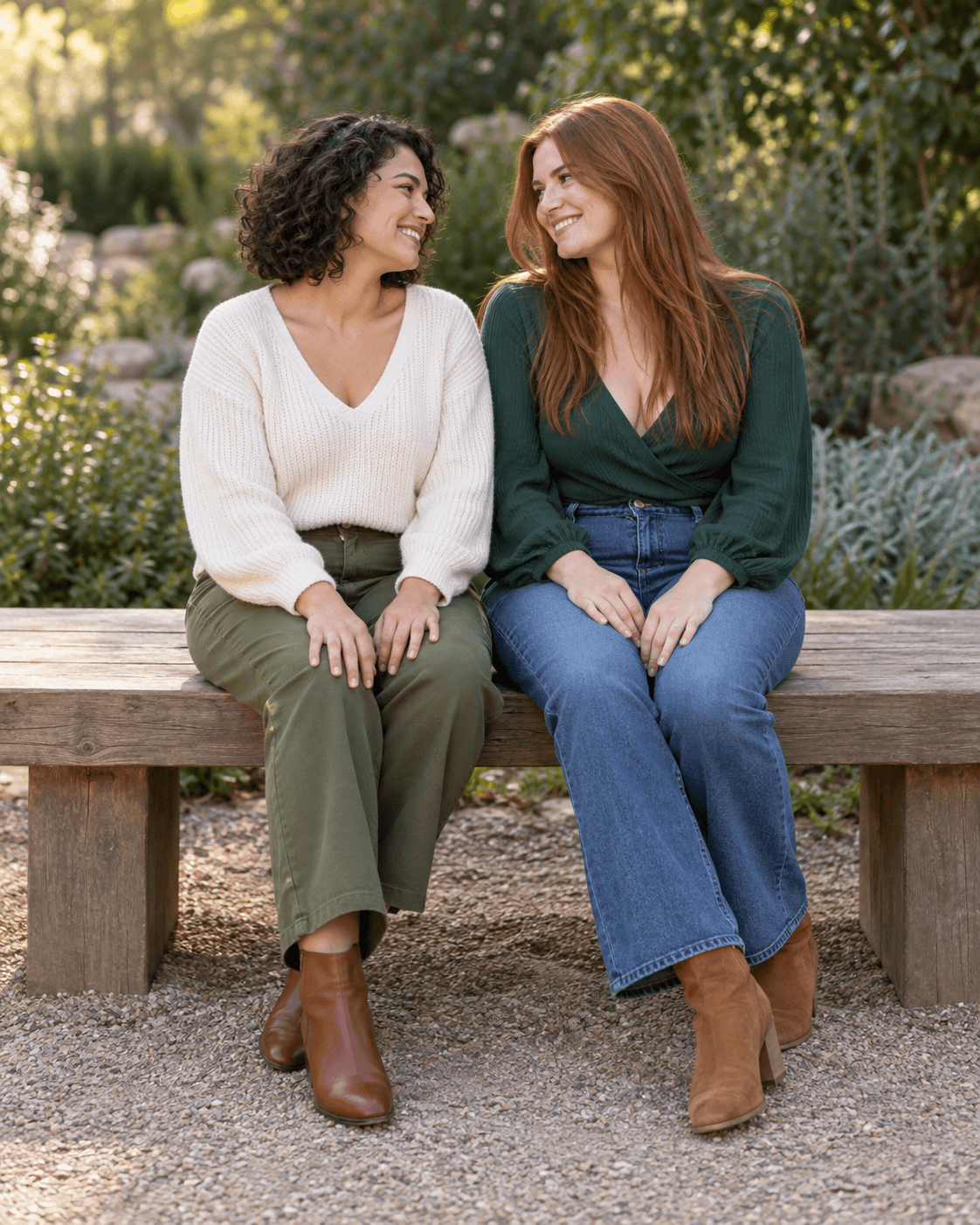 AI-generated concept: two fictional adults sitting side by side on a broad simple bench, feet on level ground, slight inward lean, hands resting visibly on thighs, full seated view.