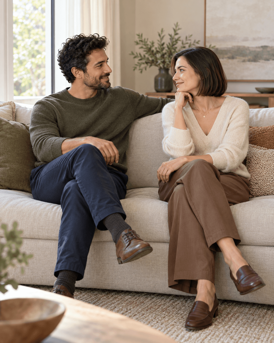 AI-generated concept: two fictional adults seated comfortably near the middle of a broad sofa, small turn toward each other, visible shoulder separation, soft window light, three-quarter crop.