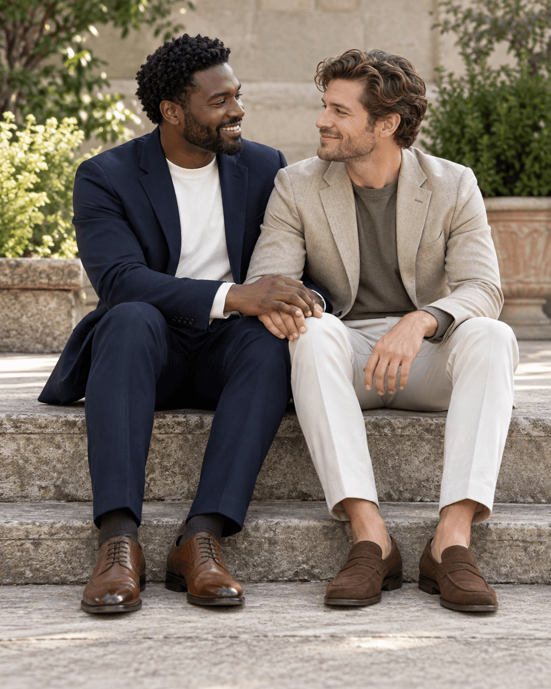 AI-generated concept: two fictional adults seated on a broad shallow stone step, each foot clearly placed on level lower surface, relaxed upright posture, plain tailored separates.