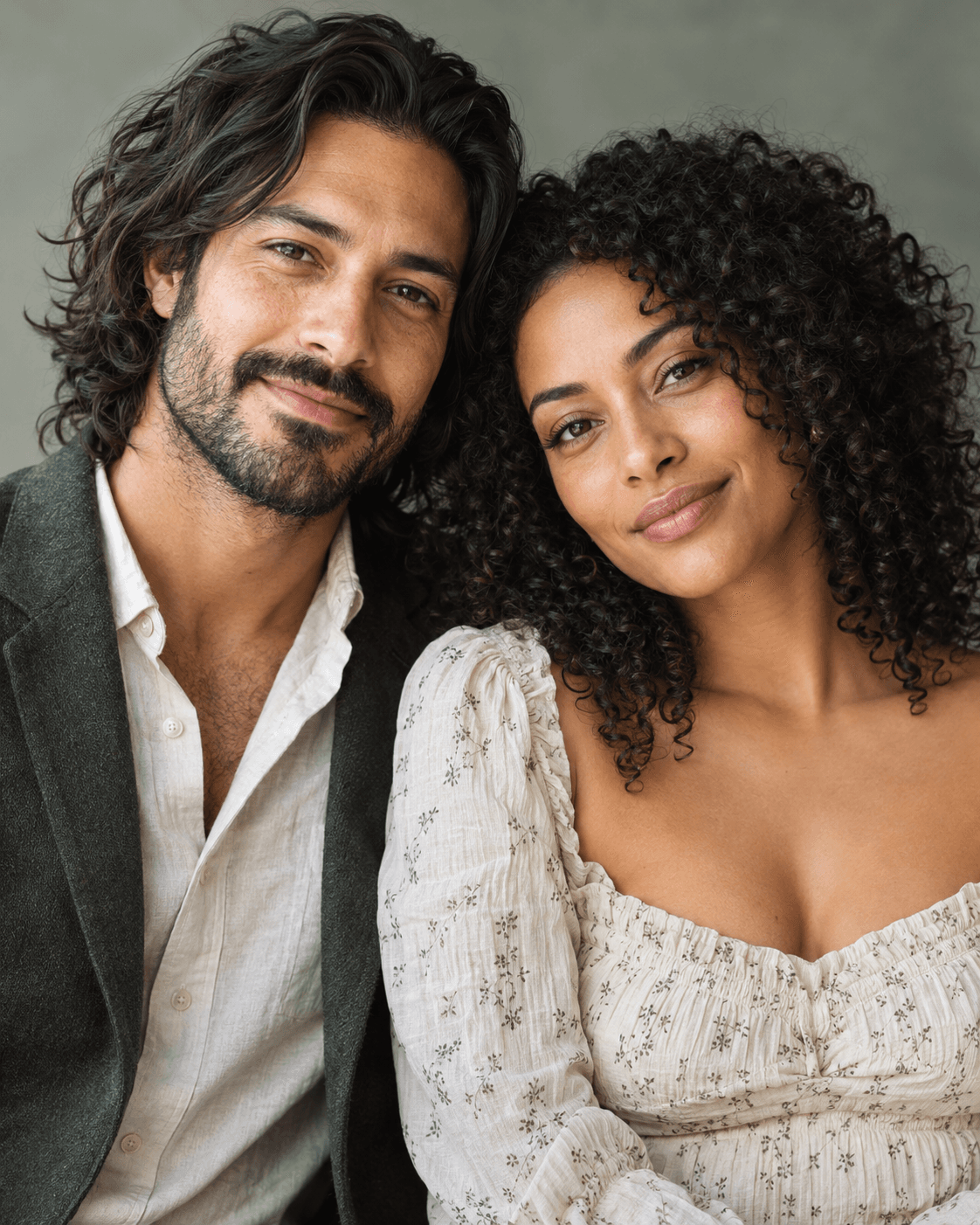 AI-generated concept: close portrait of two fictional adults shoulder to shoulder with both faces fully visible on a similar plane, soft gray-green background, no overlapping facial features.