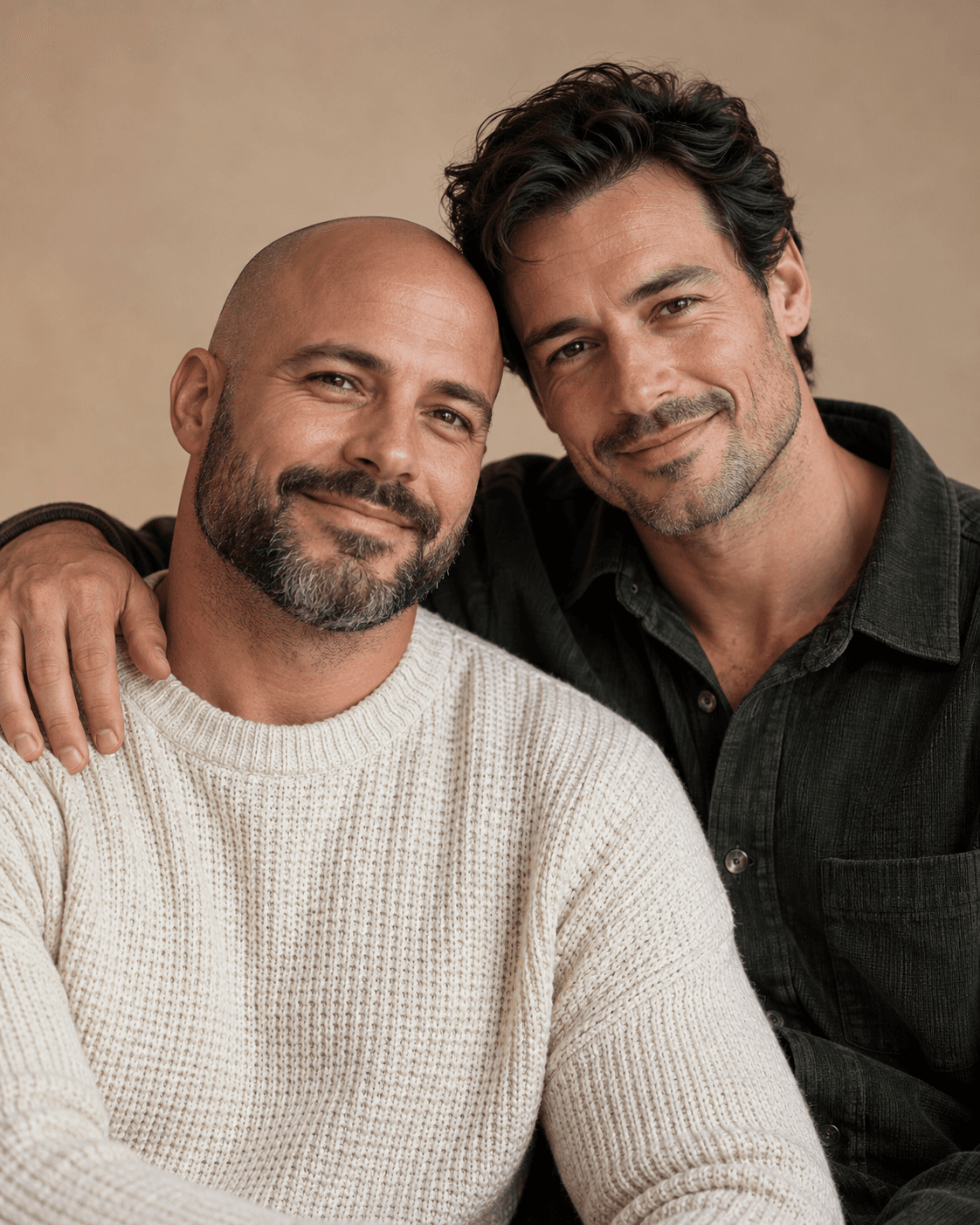 AI-generated concept: two fictional adults chest-up against a warm plain backdrop, one simple visible hand resting on a shoulder without covering face, distinct garment textures, soft light.
