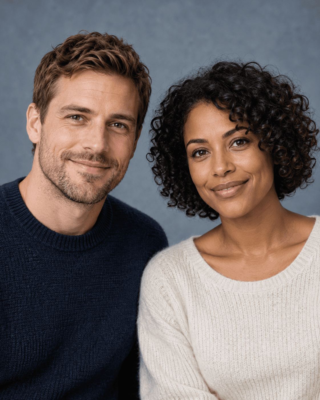 AI-generated concept: two fictional adults in a close head-and-shoulders portrait looking toward camera, comfortable space between faces, quiet soft blue-gray backdrop, even light, no hands or props in crop.