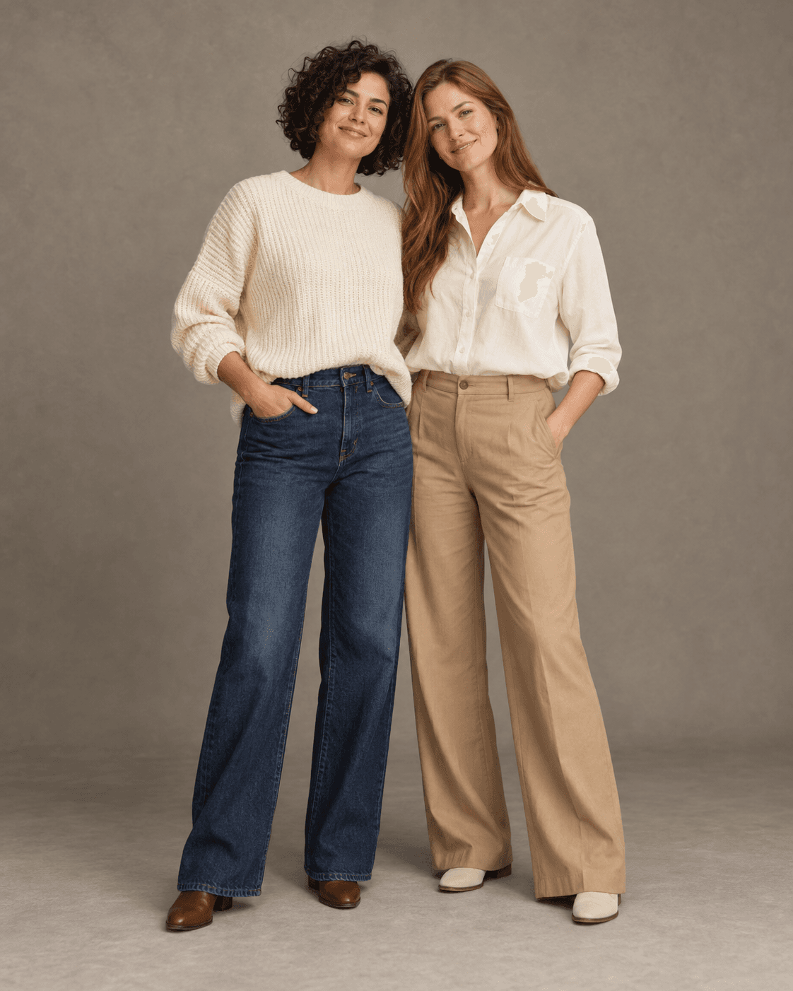 AI-generated full-length studio concept of two fictional adults: Person A wears dark denim and a cream knit; Person B wears tan trousers and an off-white shirt.