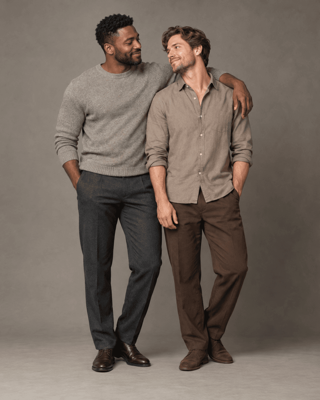 AI-generated full-length studio concept of two fictional adults: Person A wears a warm-gray knit and charcoal trousers; Person B wears a taupe shirt and brown trousers.