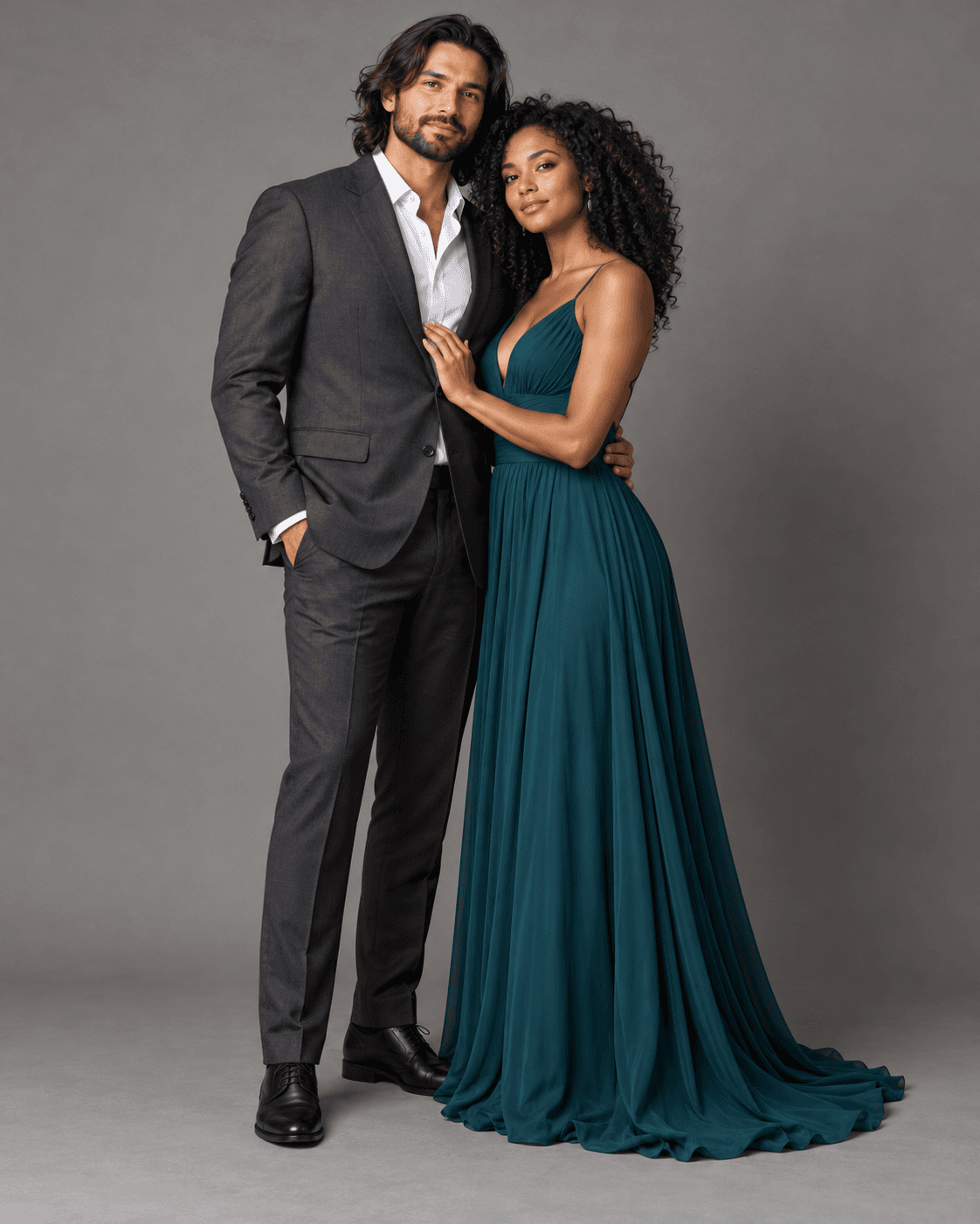 AI-generated studio concept of two fictional adults in a charcoal suit and a flowing deep teal long dress, with the dress hem covering the footwear.