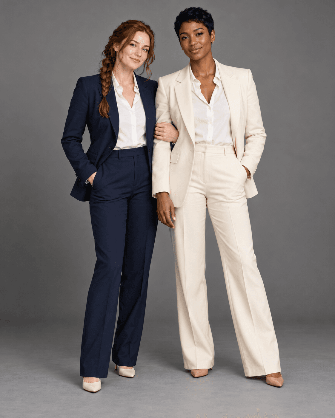 AI-generated full-length studio concept of two fictional adults: Person A wears a navy tailored suit; Person B wears a warm-ivory tailored suit.