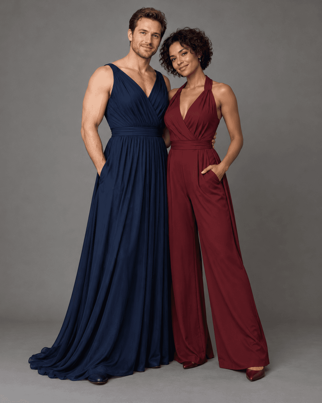AI-generated full-length studio concept of two fictional adults: Person A wears a flowing midnight-blue long dress; Person B wears a deep burgundy formal jumpsuit.