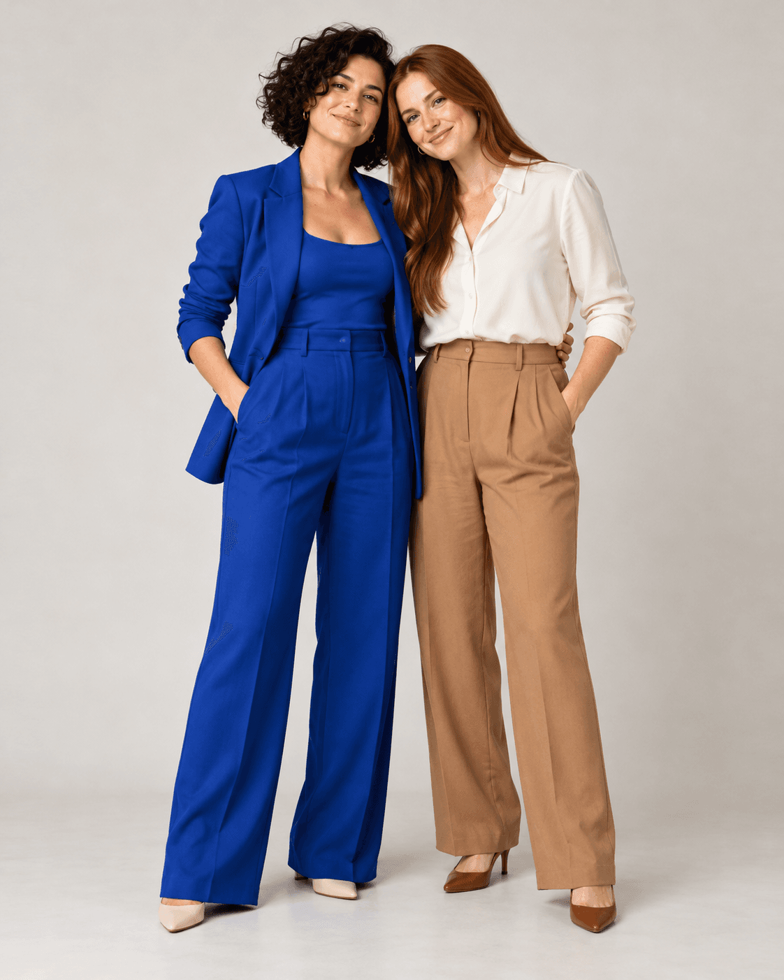 AI-generated full-length studio concept of two fictional adults: Person A wears cobalt tailored separates; Person B wears a cream shirt and camel trousers.