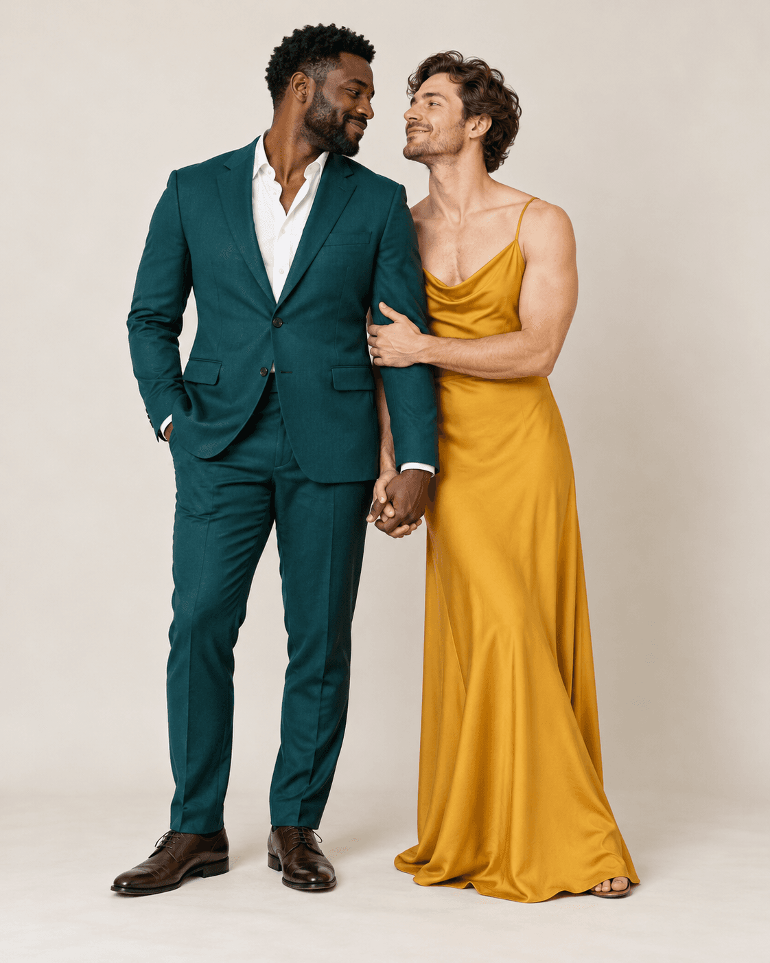 AI-generated full-length studio concept of two fictional adults: Person A wears a deep teal suit; Person B wears a simple marigold long dress.