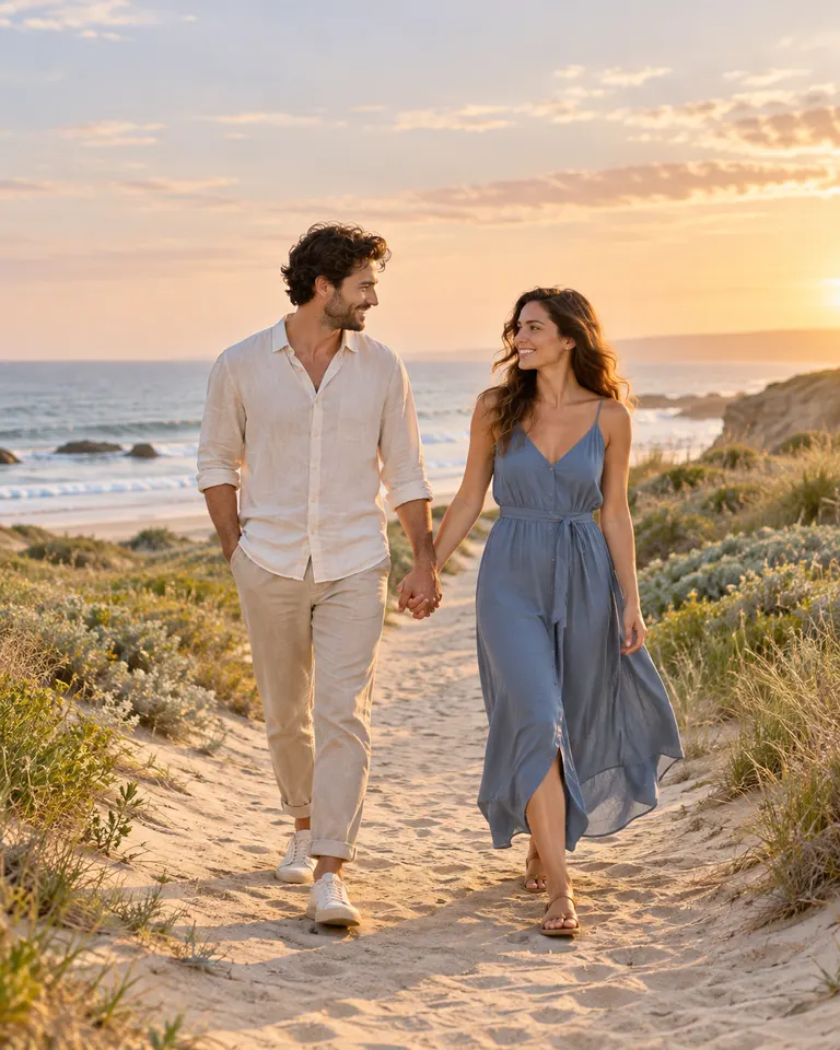 AI-generated two fictional adults walking along a sandy coastal path, soft late-day light, cream shirt and muted blue dress, portrait crop.